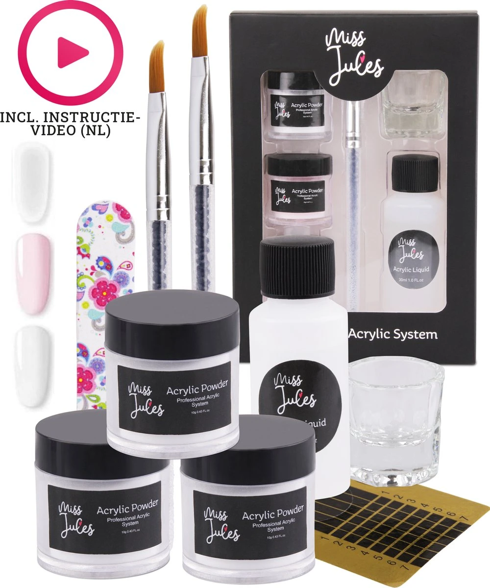 Miss Jules - Acryl Nagels Starterspakket - Wit, Roze & Transparant - Professionele Kunstnagels
