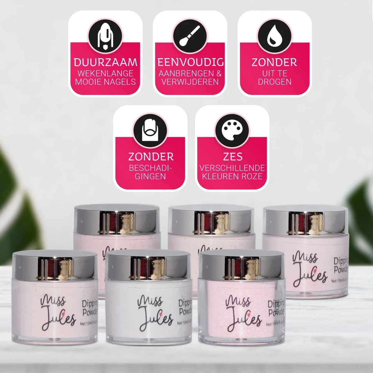 Miss Jules® Complete Set - Dipping Powder Starters Kit - 6 Kleuren Roze - Acryl Nagels Starterspakket - Afbeelding 2